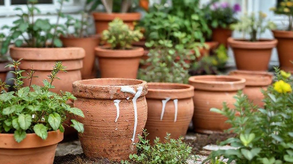 Cleaning terracotta pots whitened by limescale